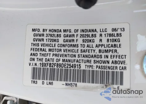 2013 Honda Civic Ex из США, поврежденный, VIN 19XFB2F89DE254915